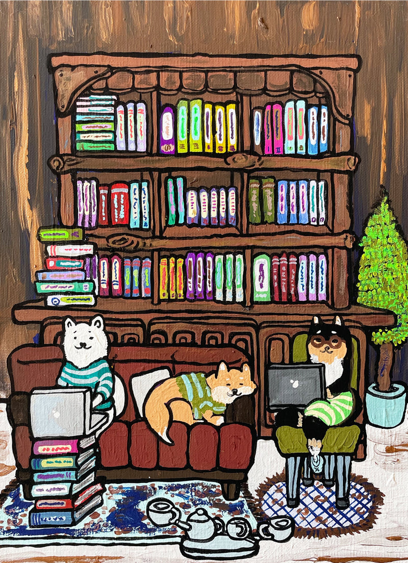 【原画：4号】3人の学ぶ柴犬［3 shiba dogs are studying ］