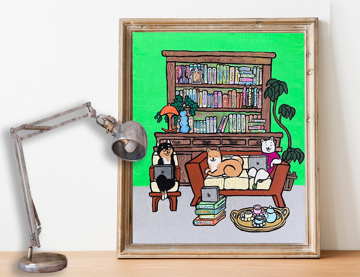 【原画：8号】学ぶ柴犬（Bright green）［Shiba Inu dogs studies］