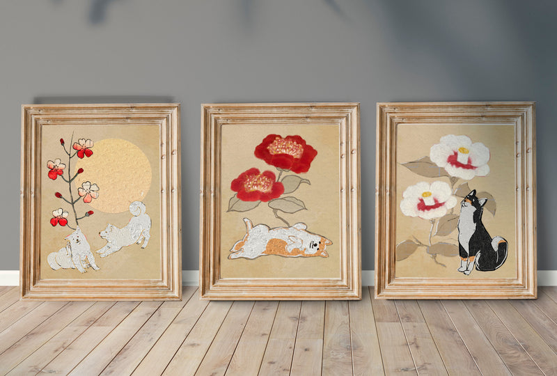 【キャンバスプリント：3号】和紙を背景に描いた和風の柴犬達（全3種類）