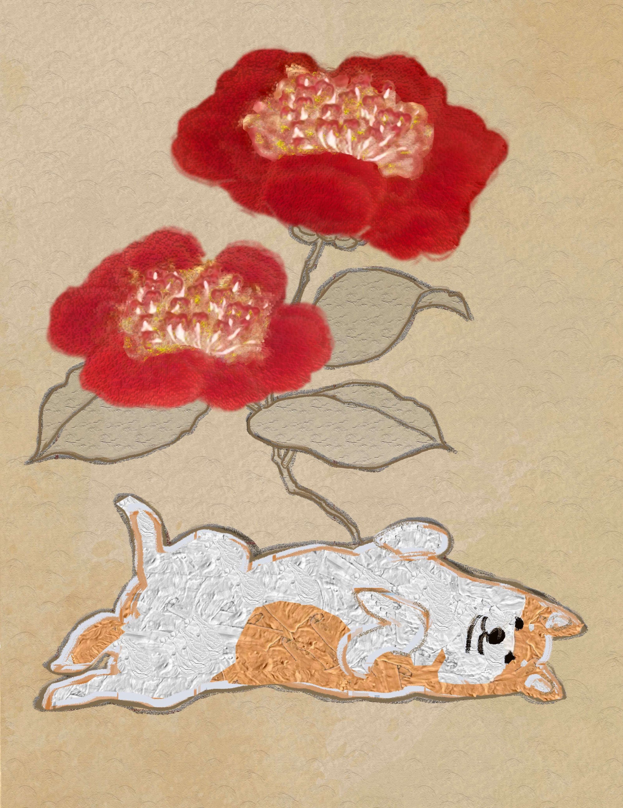 【キャンバスプリント：3号】和紙を背景に描いた和風の柴犬達（全3種類）
