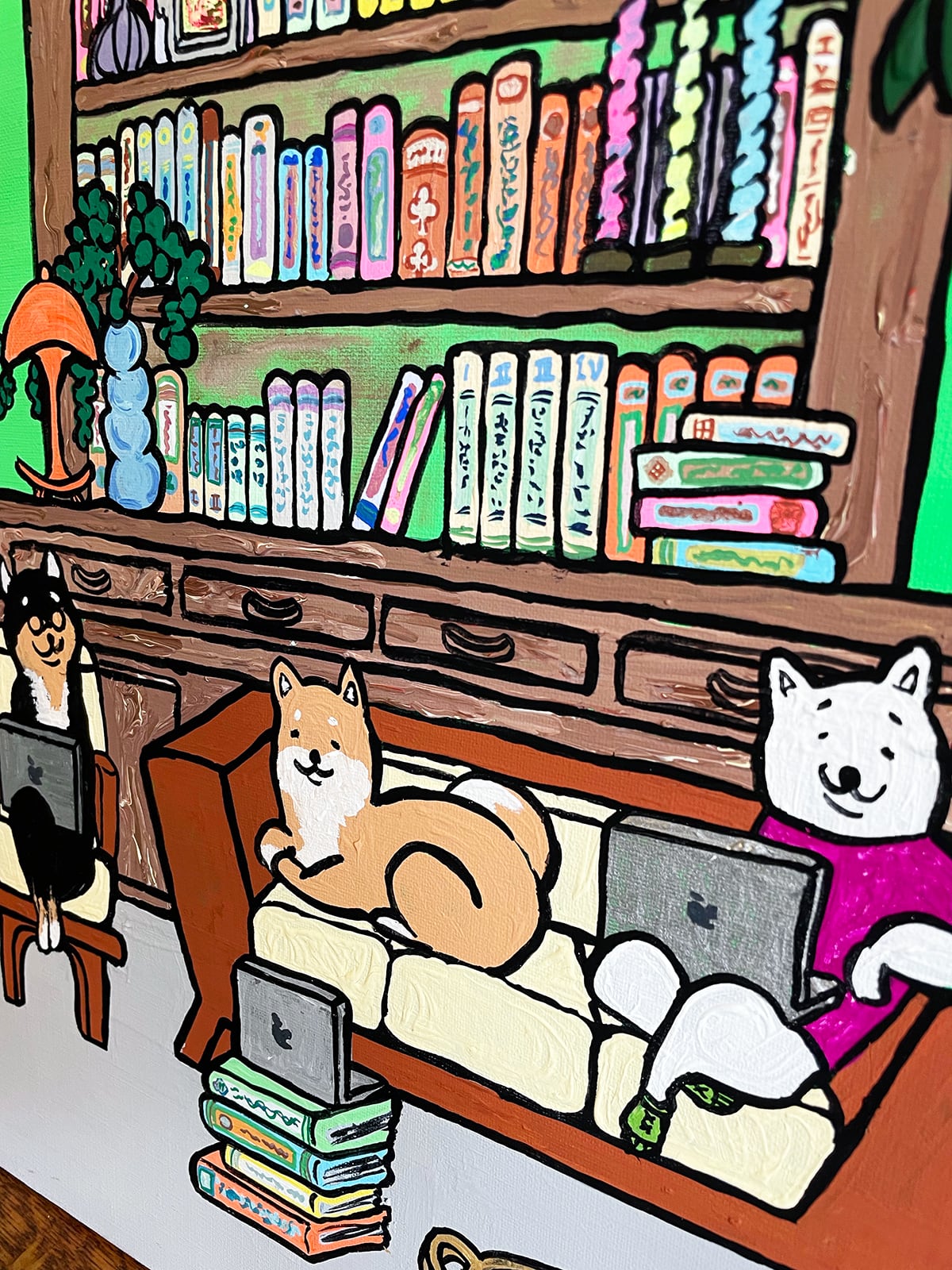 【原画：8号】学ぶ柴犬（Bright green）［Shiba Inu dogs studies］