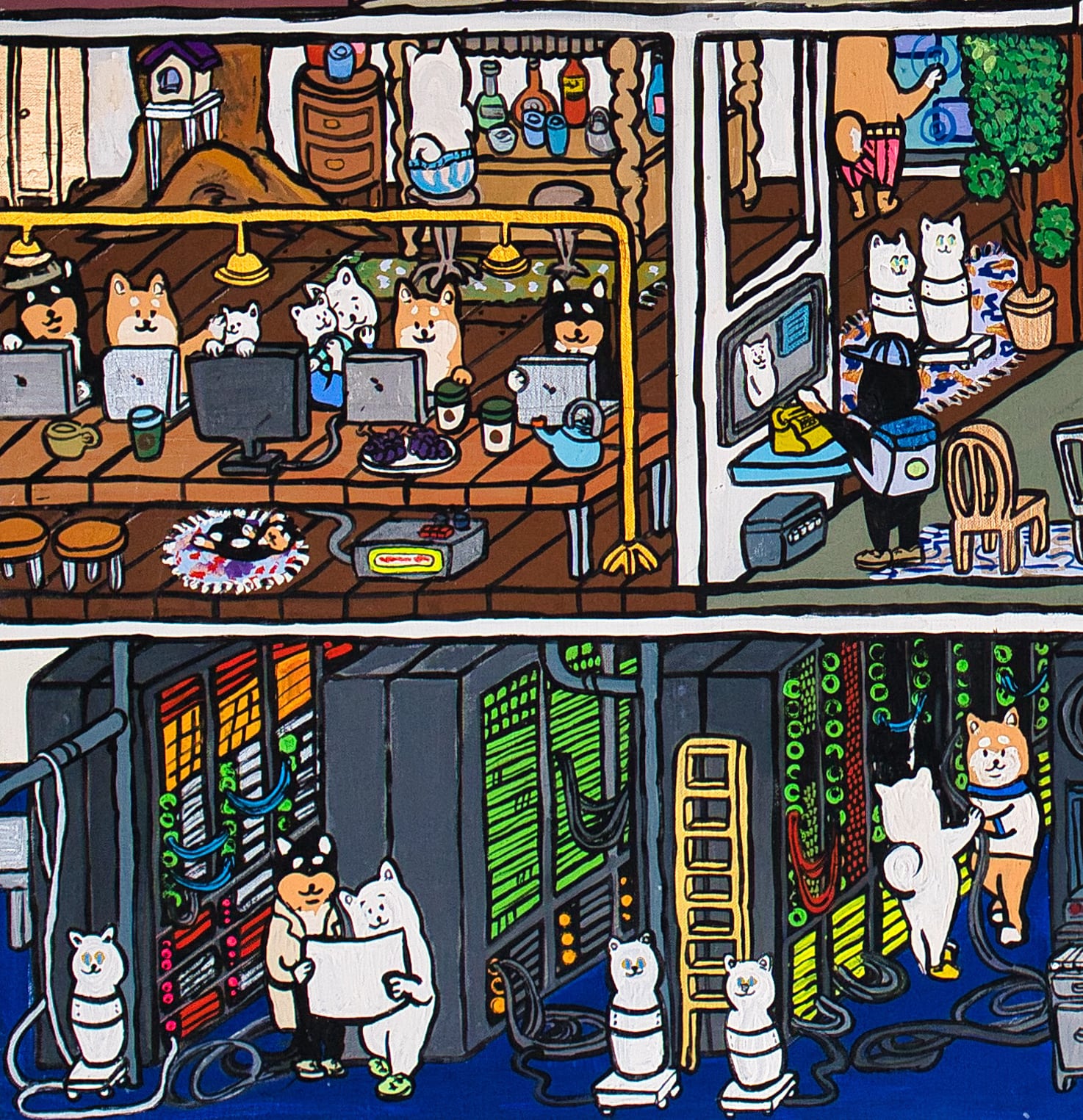 【原画：60号】サーバールームと柴犬（Server room and Shiba Inu dogs）