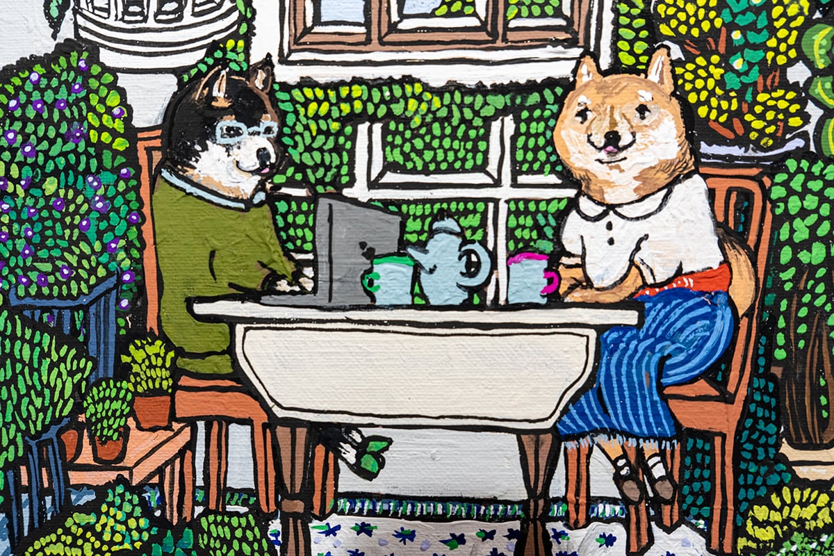 【原画】 胡麻柴さんと黒柴さんのお茶タイム　（ Tea time with sesame color Shiba Inu and Black Shiba Inu）