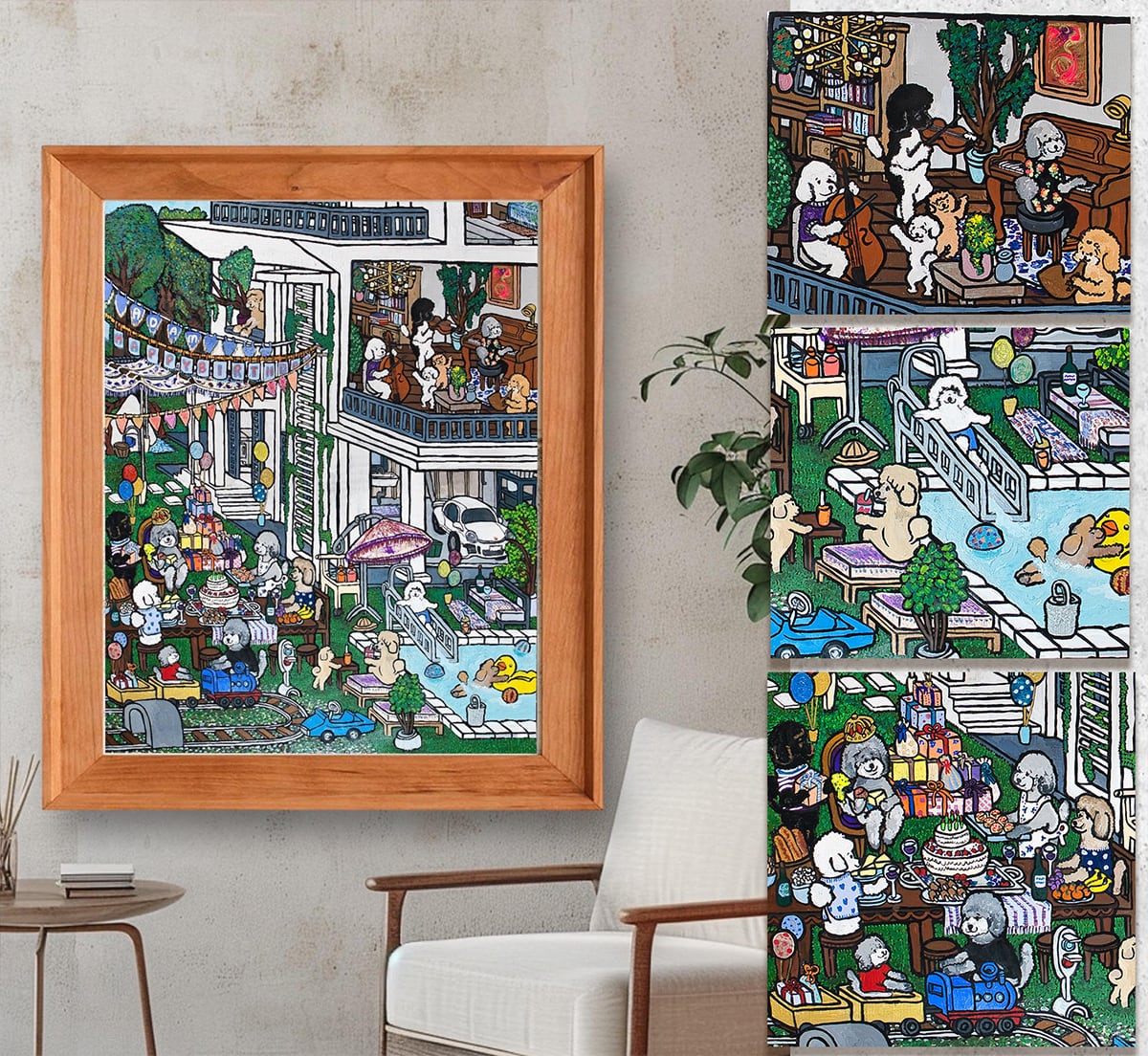 絵画（ペット／キャラクター／家族／風景など） オーダー】 ペットの似顔絵を背景と一緒に描きます。（料理をしている