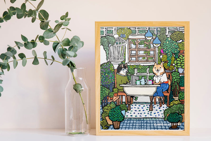 【原画】 胡麻柴さんと黒柴さんのお茶タイム　（ Tea time with sesame color Shiba Inu and Black Shiba Inu）
